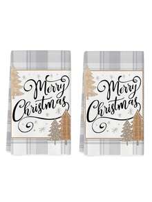 2Pcs Merry Christmas Grey Plaid Tree Kitchen Towel Set, Buffalo Check Border With Cursive Letter & Wooden Xmas Tree Snowflake Print, Farmhouse Kitchen Towels, Holiday Supplies, Dish Hand Tea Towels For Kitchen Dining Room Table Decor - Light Grey - View 8