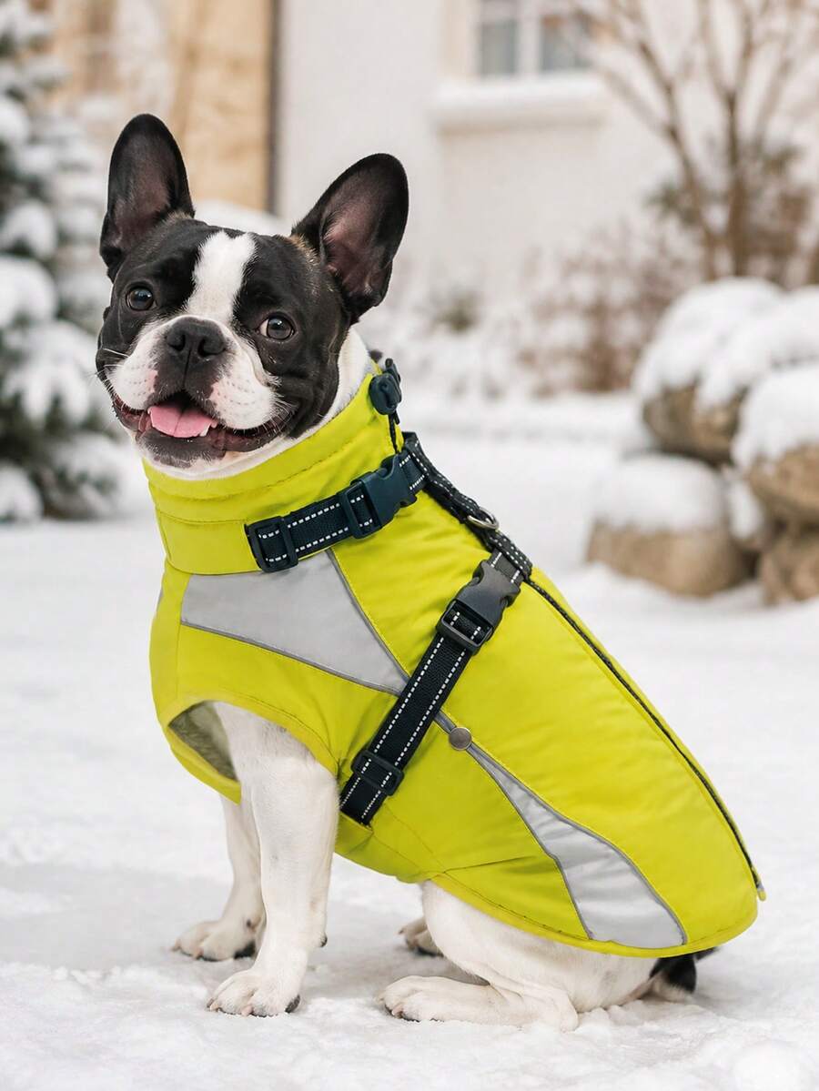 Small Dog Winter Jacket With Built-In Chest Straps, Fleece-Lined For Warmth, Reflective High Neck Design, Suitable For Cold Weather Dog Snow Clothing
