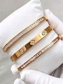 3/1pcsGold‑Tone Stainless Steel Bangle, Rhinestone‑Encrusted Panther Head Design, Bold Luxurious Vibe For Daily Styling - Gold - View 10