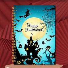 1pc 14*21cm Spiral Notebook, Happy Halloween Silhouette Design For School, Home, Office, Note Taking, Journaling, Daily Planner, Witch Haunted Castle Bat Spider Web Ghost Pumpkin Full Moon Pattern - Multicolor - View 6