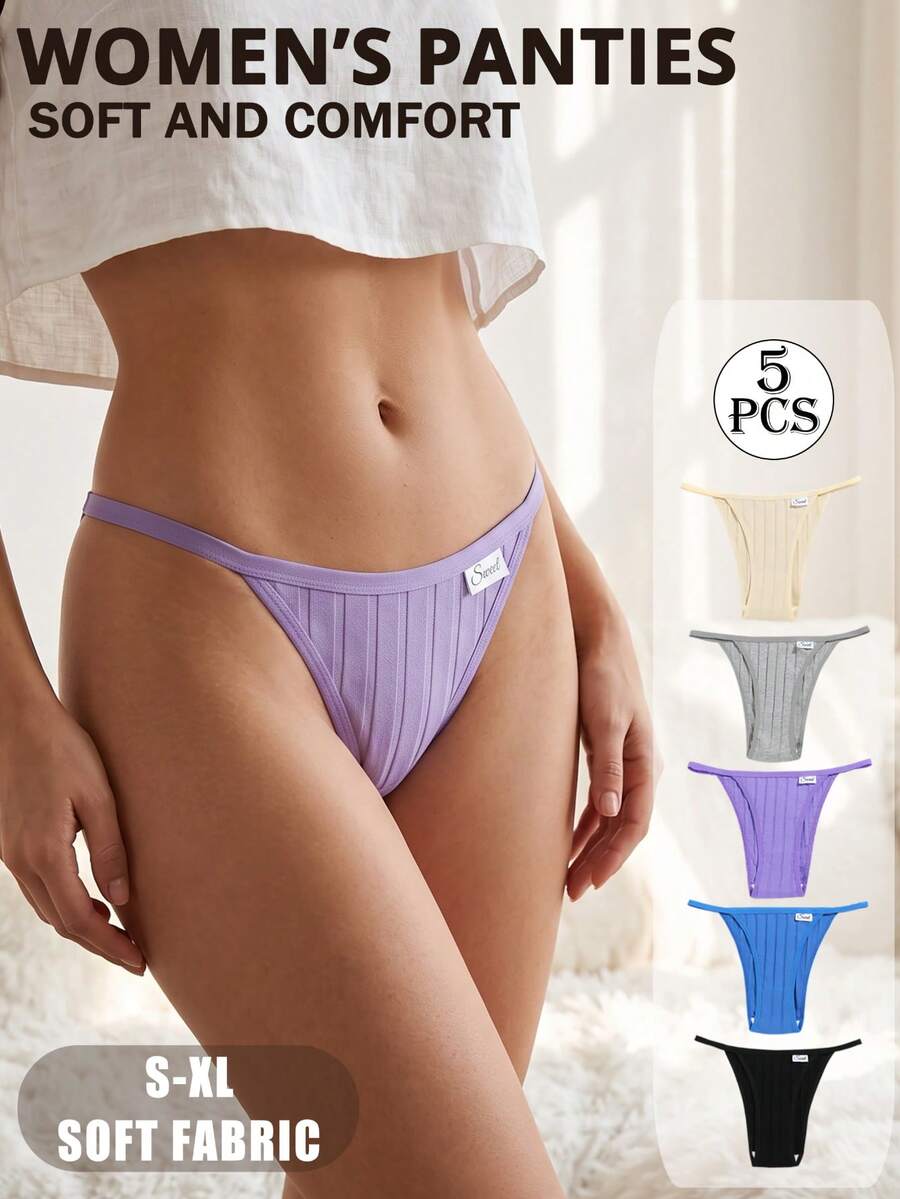 5pcs Plus Size Sexy Panties, Ribbed Comfortable Ribbon Low Waist T-Back, Minimalist Daily Sports Solid Color Women's Thong - Multicolor - View 1