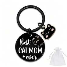 Cat Lover Gift | Stainless Steel Keychain, "Best Cat Mom Ever" Engraved Black Round Pendant With Cute Cat Charm, Meaningful Birthday Holiday Gift, Gift For Cat Mom, Gift For Cat Lovers, Comes With Mesh Gift Bag - Cat Mom Gift - View 8