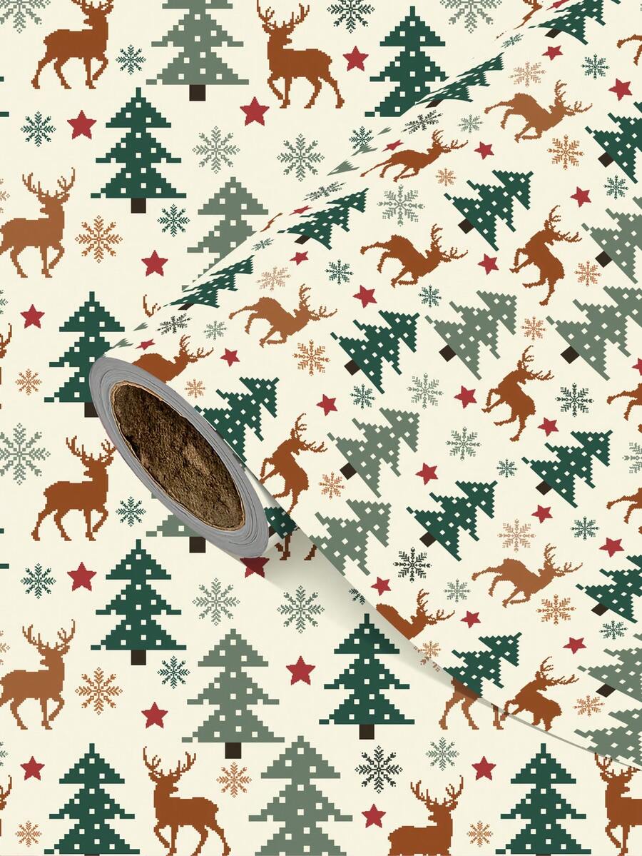 1 Roll Of Christmas Gift Wrapping Paper, Featuring Reindeer And Christmas Tree Designs ,Perfect For Christmas Gift Wrapping,Decorating For Christmas Parties,Home Festive Decoration,DIY Craft,1 Roll Size: 43 Cm X 300 Cm - A - View 1
