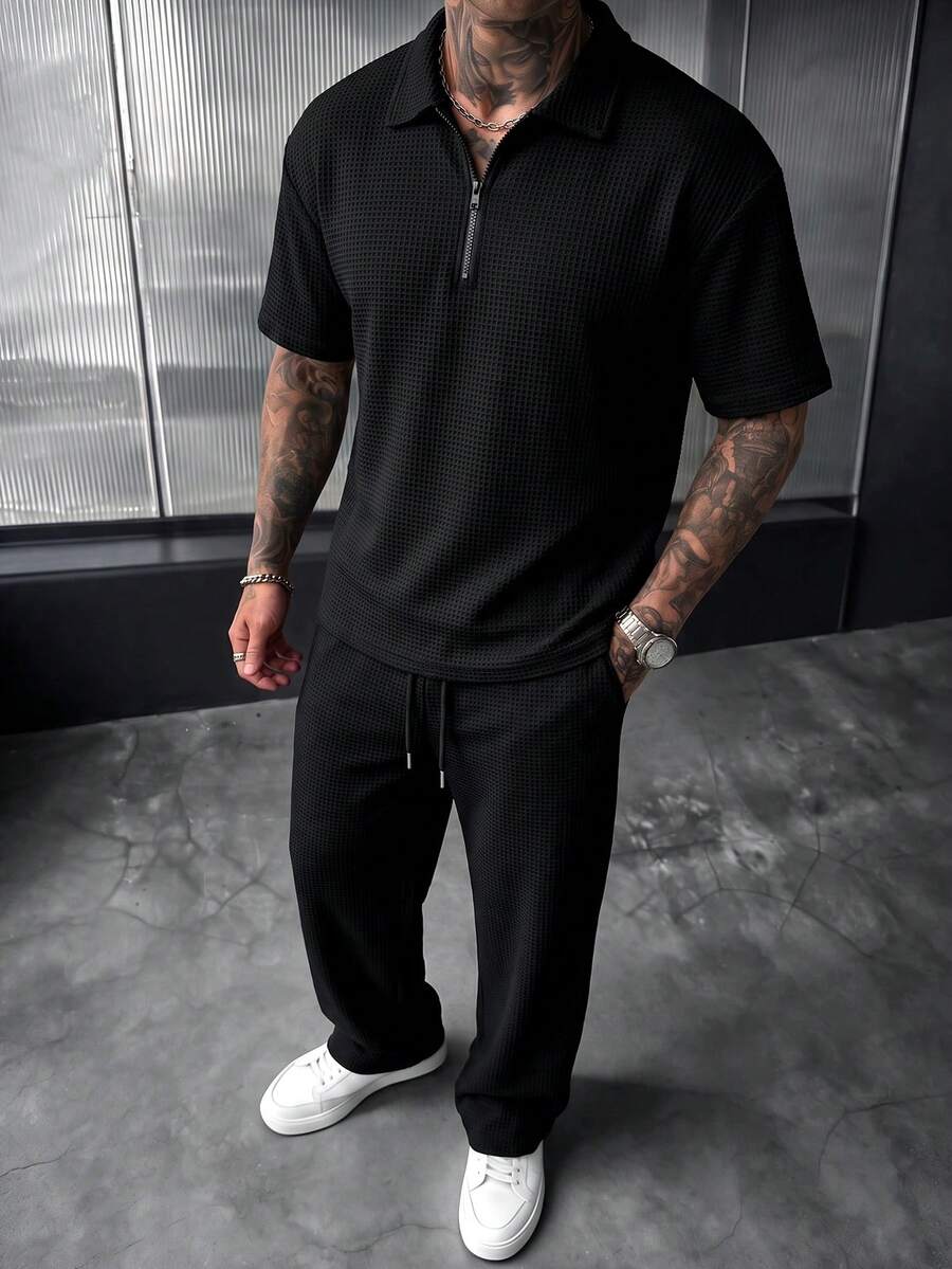 Men's Vintage Textured Casual Solid Color Drawstring Short Sleeve Top And Long Pants 2-Piece Set - Black - View 1