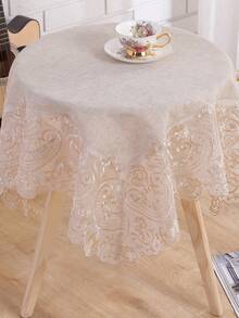1PC Gray Linen-Like Rectangular Lace Tablecloth, Linen Texture Floral Embroidered Lace Trim Table Cover, Romantic Decorative Tablecloth, Suitable For Dining Table, Party And Home Decor - Beige - View 8