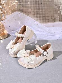 Girls' Pearl Bow Mary Jane Shoes With Heart & Crown Decor, Shiny Shoes - Pink - View 5