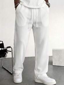 White Waffle Knit Wide Leg Sweatpants For Men, Textured Metal Drawstring Straight Leg Casual Long Pants - White - View 5
