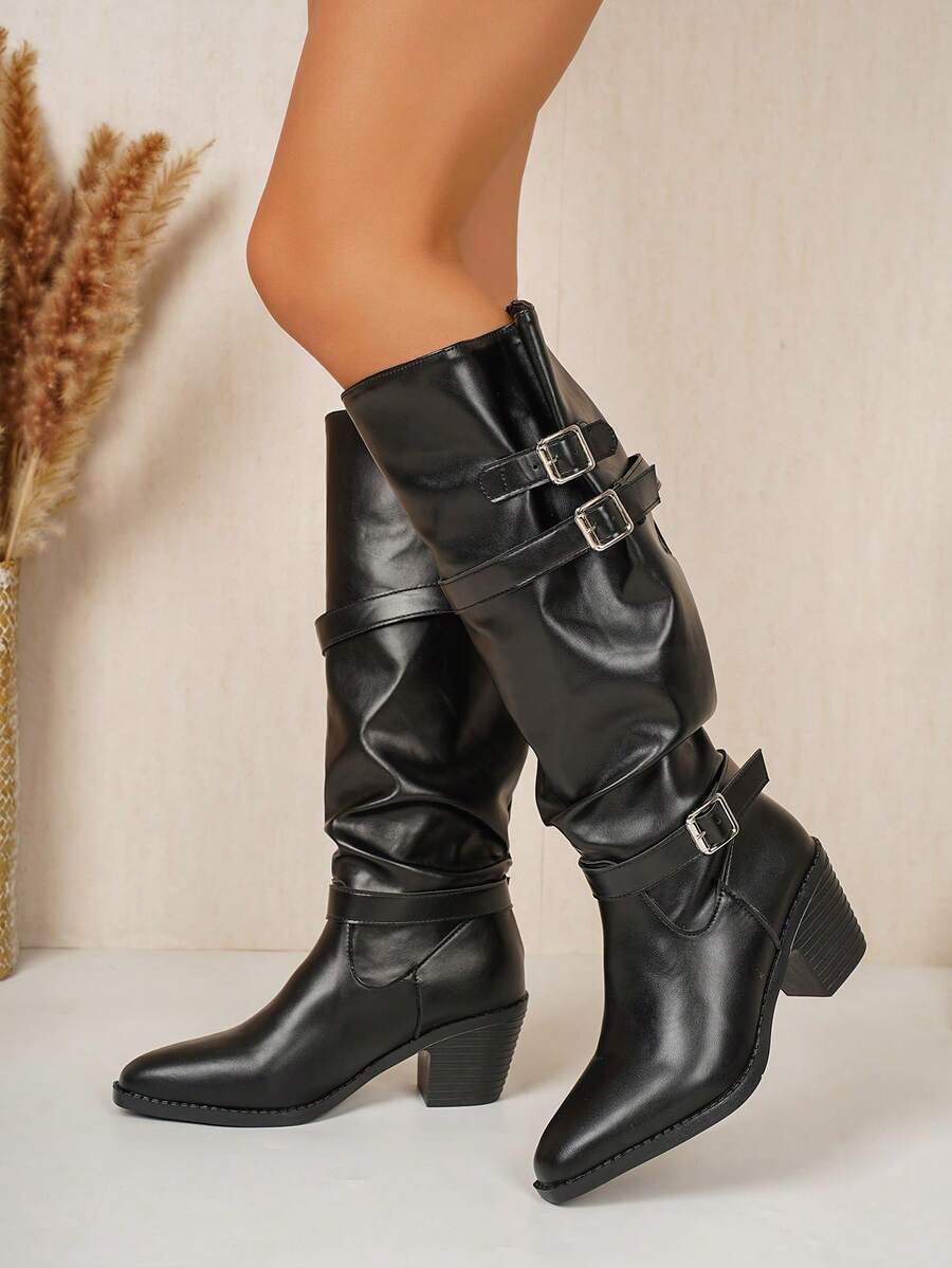 Women's Double Buckle Ruffled Loose Knee-High Pointed Toe Chunky Heel Boots, Street Fashion Black Slip-On Gothic Punk Thick Heel Western Boots, Suitable For Music Festivals, Halloween, Christmas Costumes - Black - View 1