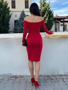 QUNGIGU Women's Elegant Cold Shoulder Pencil Dress Set, Suitable For Outings, Dates, Evening Parties And Christmas - Red - View 10