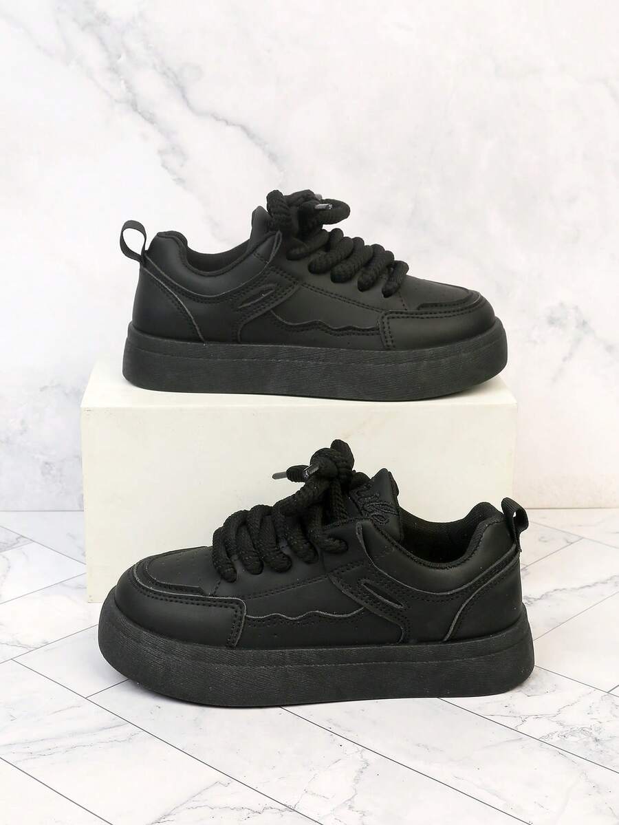 1 Pair Kids Thick Sole Casual Skate Shoes, Chunky Laces, Wavy Stitch Design, Breathable, Non-Slip, Soft Bottom, Versatile Daily Sports Shoes - Black - View 1