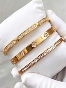 3/1pcsGold‑Tone Stainless Steel Bangle, Rhinestone‑Encrusted Panther Head Design, Bold Luxurious Vibe For Daily Styling - Gold - View 7