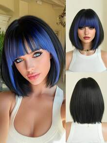 7JHH WIGS Short Straight Black Wig With Blue Bangs For Women 12 Inch Full Machine Heat Resistant Synthetic Fiber Costume Wig For For Halloween Cosplay Wear, Music Festivals Fashion Party Use - Blue - View 3