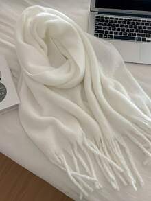 1pc Thick Solid Color Fleece Mohair Tassel Scarf, Chic Autumn/Fall Warm Couple Shawl, Soft & Comfortable Blanket Scarf, Suitable For Daily Wear - White - View 3