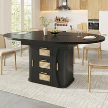 Extendable Dining Table With Storage, 118-158cm Table With Rattan Drawers, MDF Wood Look, Black / Natural Wood / Oak Look - Black + MDF - View 4