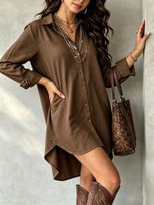 Women's Khaki Long Sleeve Polyester Button-Down Shirt Dress, With Collar, Button Front, Roll-Up Sleeves And High-Low Curved Hem, Loose Casual Top, Front Short Back Long Design, Suitable For Spring & Autumn Street Wear, Spring - Khaki - View 2