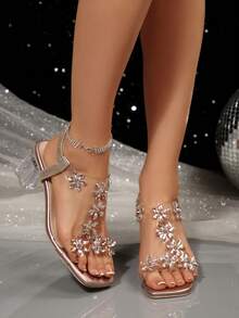 Women's Rhinestone Sandals 2026 Summer New Style Floral Crystal Transparent Chunky Heel Elegant Elegant Suitable For Photography And Dating High Heels - Khaki - View 4