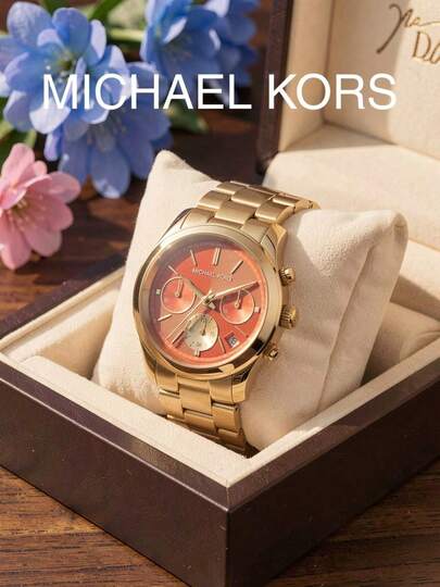 Michael Kors MK6162 Runway Series Women's Quartz Watch, Gold Stainless Steel Band With Orange-Red Contrast Dial, Chronograph With Date Display, European And American Luxury Fashion Women's Watch, Personalized Daily Wear Gift Accessory