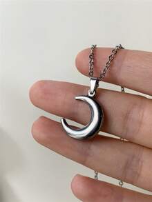 1pc Silver Stainless Steel Moon Pendant Necklace, Suitable For Daily Wear, Unisex Necklace, Minimalist Fashion, Unique Design, Hip Hop Punk Geometric Collarbone Chain, Fade-Resistant - Silver Moon - View 8