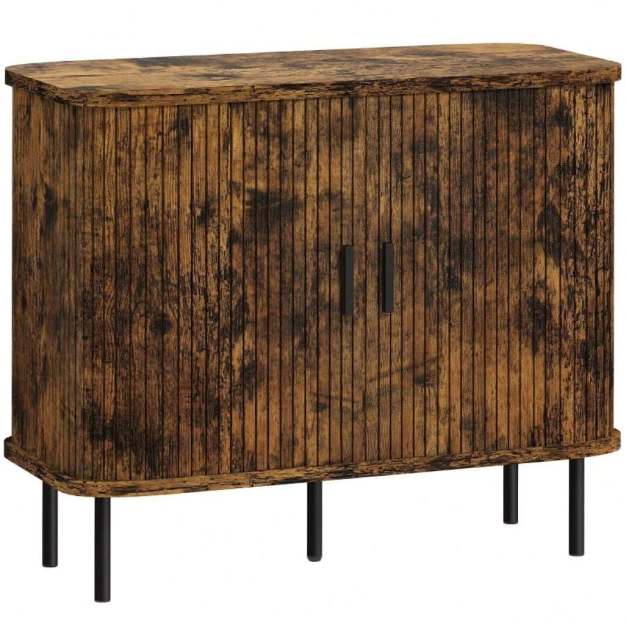 Mid-Modern Sideboard Storage Cabinet With Slatted Tambour Sliding, Kitchen Cabinet With Steel, On-Site - Rustic Brown + Engineered Wood - View 1