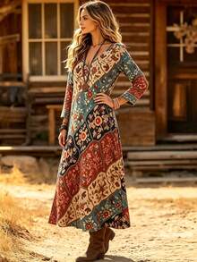 Women's Spring/Autumn Fashion Casual Vintage Western Style V-Neck Printed Long Sleeve Dress - Army Green - View 4