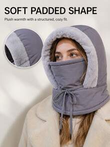 Thickened Hooded Hat With Face Mask And Neck Guard, Plush Trim Winter Headwear, Drawstring, Soft And Comfortable Cold Weather Accessory, Unisex, Outdoor Travel, Commuting, Walking, Daily Wear, Multiple Colors, Autumn/Winter - Multicolor - View 2