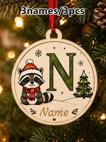 Custom Animal Initial Wooden Christmas Ornament, Personalized Name Round Tree Decor, Festive Raccoon Snowman Holiday Style, Customized Letter Bag Charm, Customizable Name Keepsake, Christmas Decoration, Gifts For Family And Friends, Room Decor - Multicolor - View 12