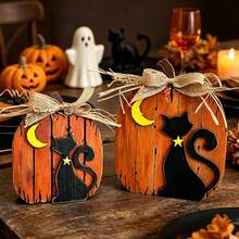 1/2pcs 3D Wooden Pumpkin & Black Cat Figurine Set, Vintage Halloween Desktop Decor, Freestanding Pumpkin Cat With Burlap Bow, Suitable For Tiered Tray, Fireplace Mantel, Indoor Home Party Decoration - Multicolor - View 3