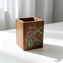 Tempat Pena Persegi dari Kayu Jati, Ember Pena Meja dengan Motif Bunga Klasik, Kotak Penyimpanan Meja Multifungsi, Cocok untuk Rumah, Kantor, Penyimpanan Alat Tulis dan Dekorasi - A - View 2
