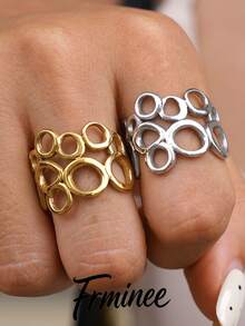 Frminee 2pcs/1pc Chunky Statement Ring For Women, Stainless Steel Hollow Circle Openwork Wide Band Ring, Gold/Silver Tone Geometric Jewelry For Daily Wear - Multicolor - View 4