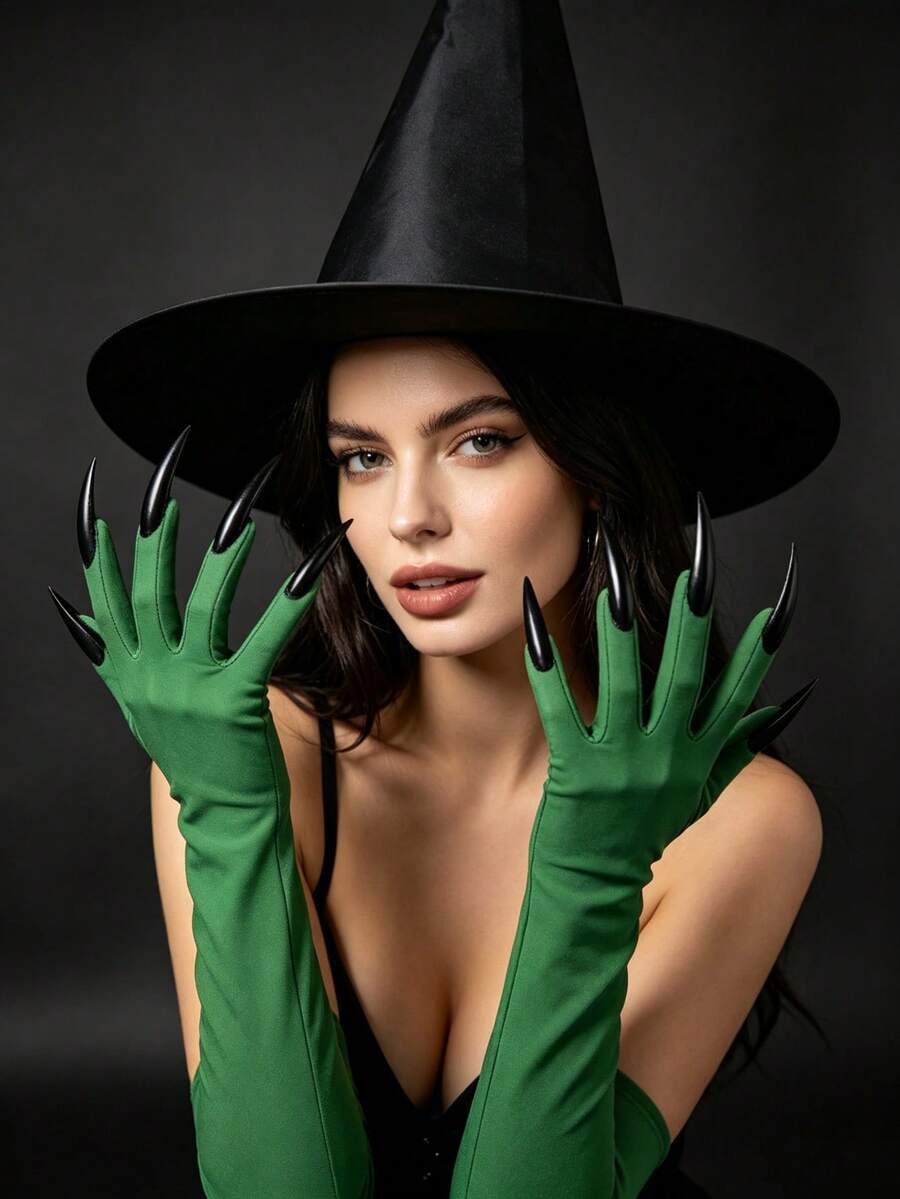 Halloween Witch Costume Set - Black Wizard Hat, Green Sharp Claws, Long Gloves. For Cosplay At Party, Stage Performance, Funny Accessories And Props. - Multicolor - View 1