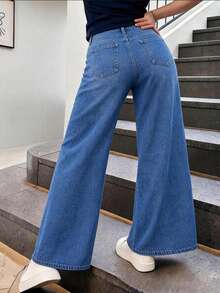 Pantalones vaqueros de pierna ancha con lavado azul claro vintage para mujer - EL046 azul - Ver 3