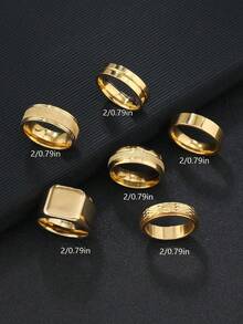 6pcs Stainless Steel Rhombus Decor Gold Color Men's Ring Set, Suitable For Daily Wear, Jewelry Gift - Gold - View 16