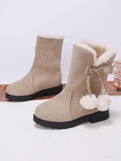 1 Pair Girls' Satin Bow Plush Pom Pom Thermal Lined Warm Round Toe Mid-Calf Slip-On Flat Sweet Princess Snow Boots For Winter Campus Christmas Outings