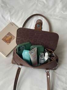 1PC Coffee Brown Leopard Print Baguette Underarm Bag, Metal Square Buckle Strap Decor, Rivet Reinforced Corners, Extended Matching Pattern Handheld Shoulder Strap, Street Style Commuter Shoulder Small Bag Light Pink Leopard Baguette Bag Rivet Decor Design Sweet Cool Style Handheld Shoulder Purse - Coffee Brown - View 10