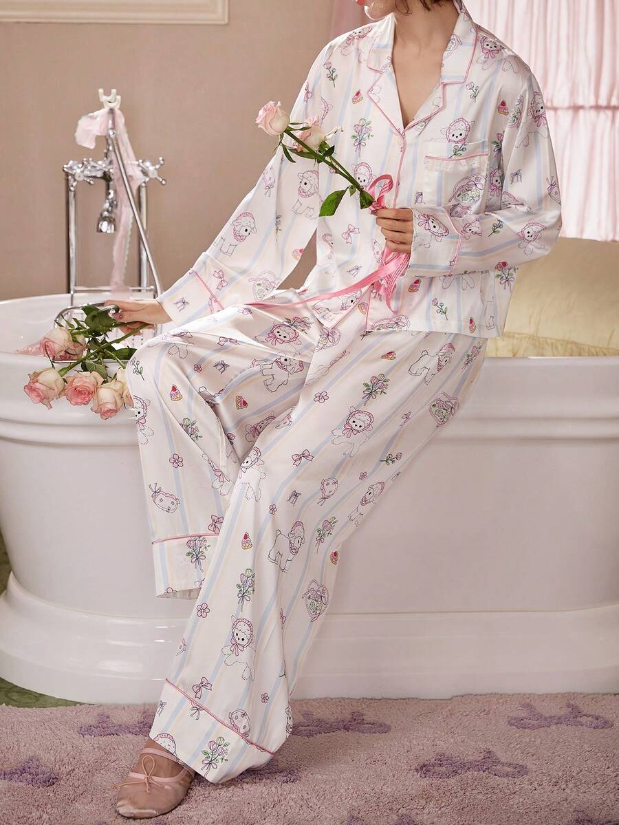 Gongdie 2 Pieces Women's Pajama Set, Fall Striped Silky Soft Loungewear With Lace Pocket - Beige - View 1