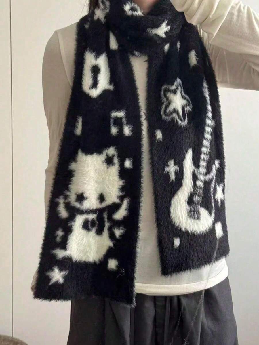 1pc Autumn Style Scarf Shawl, Winter Warm Skin-Friendly Neck Warmer, Black And White Plush, Suitable For Daily Wear - Multicolor - View 1