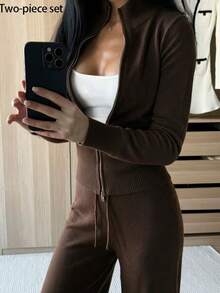 FOR BEAUTY Fall Winter Y2K Elegant Dark Brown Full Zip Up Stand Collar Knit Jacket Drawstring Wide Leg Pants Two Pieces Set Women Outfits - Coffee - View 5