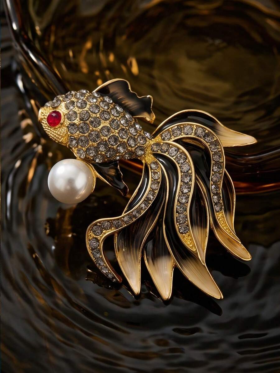 1pc Goldfish Brooch With Rhinestones And Pearls, High-End Luxury Design Lapel Pin, Koi Fish Corsage, Exquisite Suit Accessory - Yellow - View 1