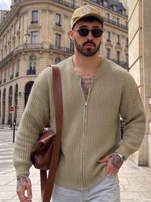 Lookun Men's New Autumn/Winter Casual Loose Minimalist Solid Color Waffle Knit Warm Tone Korean Style Versatile Commuter Button Polo Collar Cardigan Long Sleeve Knit Jacket - Apricot - View 5