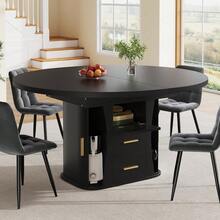 Extendable Dining Table, Dining Room Table, Kitchen Table, Round Dining Table, Extends To Oval, 118-158, Seats Up To 6 People, Three-Tier Storage, Walnut - Black + MDF - View 3