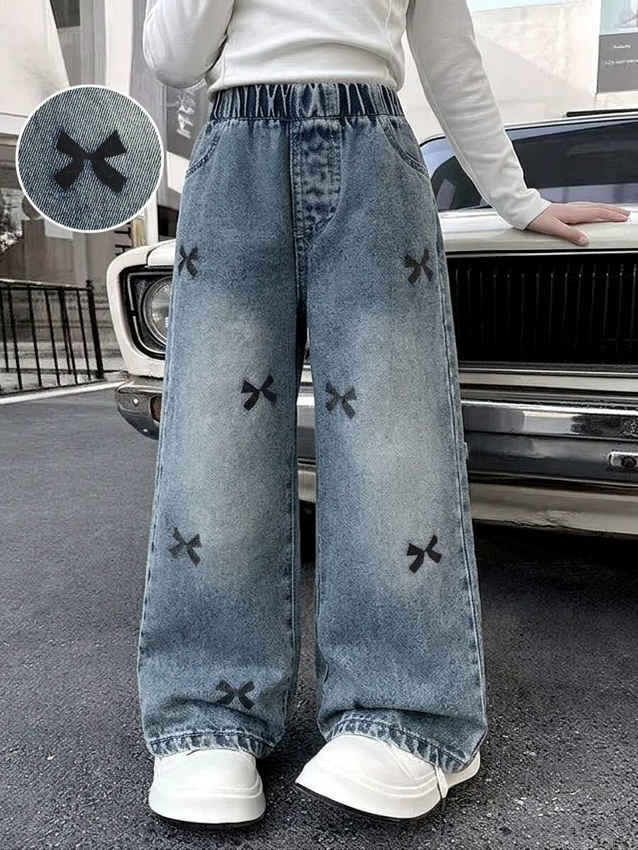 Girls' Vintage Distressed Denim Jeans With Bow Print, Elastic Waist Wide Leg Long Pants, Casual Everyday Fashion Outfit - Light Wash - View 1
