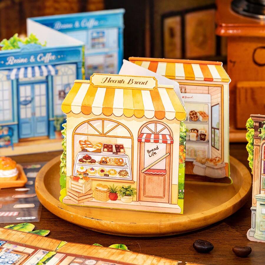 1 Pack 3-Fold Corner Scene Sticker Collection Book, Healing 3D Miniature Shop Scene Children DIY Puzzle Sticker Art, Scrapbook Scene Stickers, Fun Scene Collage Casual Daily Stickers - Miniature Street Scene - View 1