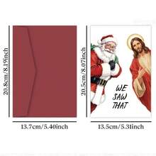 1pc Humorous "We Saw" Christmas Card With Envelope - Funny Santa And Jesus Design Holiday Greeting Card, Christmas Blessing Card For Friends And Family, Holiday Celebration Card, Christmas Gift - A - View 2