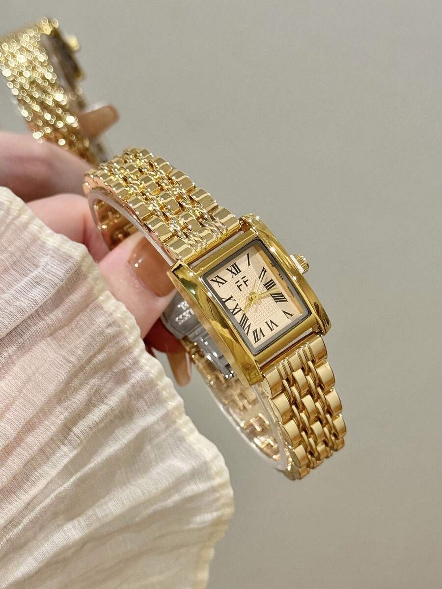 1件女款金色長方形石英手錶，金色錶盤，羅馬數字刻度，經典商務風，適合日常辦公與日常穿著 - 金色 - 查看 1