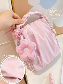 3pcs/1pc Flower‑Charm Handheld Cosmetic Bag, Sweet Style Square Shape Ruched Handle Zipper Closure Pendant Decor Portable Makeup Pouch For Travel Daily Vacation All‑Season Use - Multiple Colors and Styles - View 5