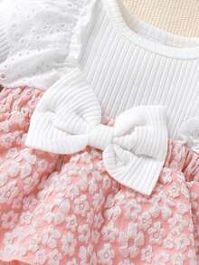 2pcs/Set, Baby Girl, Casual Elegant Fashionable Cute, Soft Comfortable, Lace Trim Embroidery Bow Decor Patchwork Floral Jacquard Cake Layered Ruffle Bodysuit Dress And Headband, Baby Girl Clothing, Newborn Baby Girl Clothing, Baby Clothing, Baby Supplies, Autumn Baby Girl Clothing, Newborn Clothing, Suitable For Daily Wear, Vacation, Party, Outdoor Activities, Photography - Multicolor - View 7