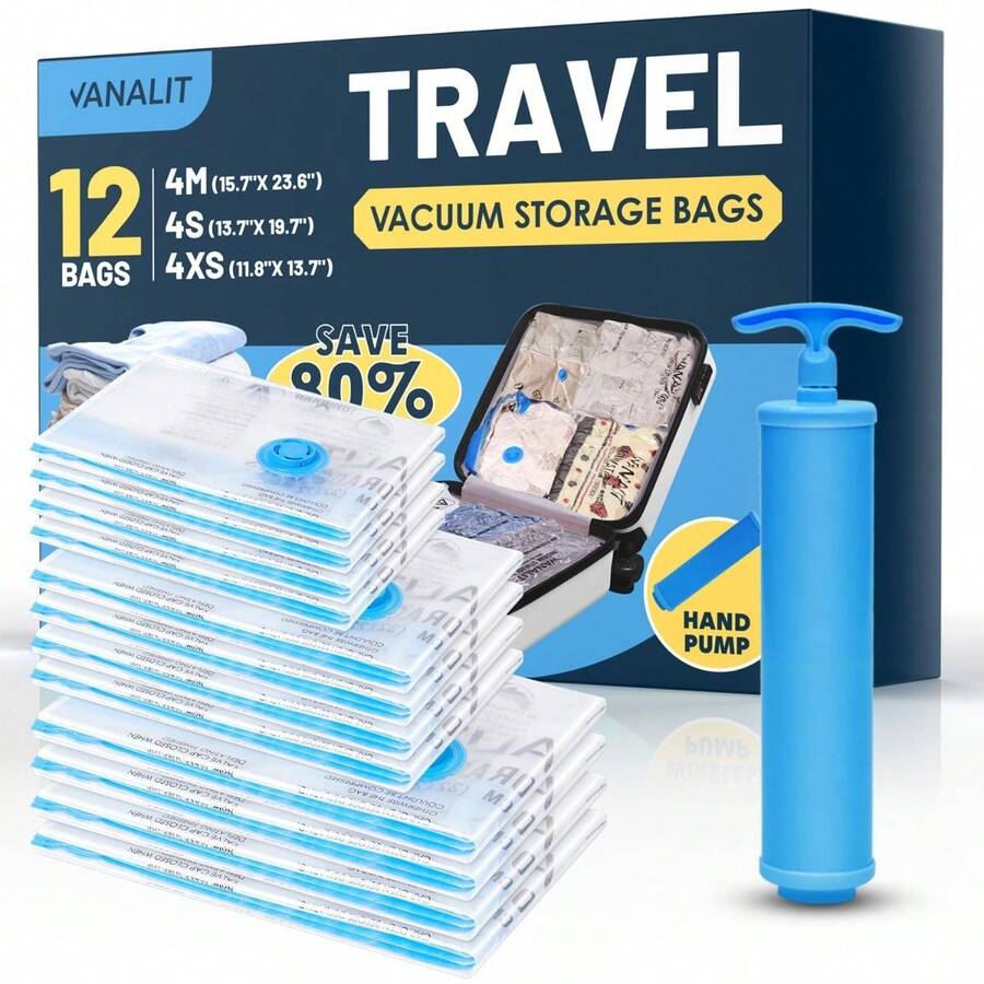 4 piezas Bolsas de compresión al vacío para viajes (con bomba manual) Bolsas selladas al vacío para ahorrar espacio para ropa, bolsas de almacenamiento de compresión portátiles, esencial de viaje, ajuste perfecto para varias maletas y mochilas, artículo para ahorrar espacio para vacaciones y viajes de negocios