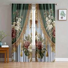 2pcs Dark Green & Gold Floral Print Curtains, 2D Flat Print European Luxury Damask Lace Pattern Curtains, Home Decor - Multicolor - View 9
