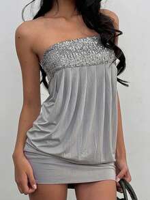 DOUCIU Women's Sexy Ruched Knitted High Neck Bodycon Short Dress, Long Sleeve Mini For Evening And Party Wear - Grey - View 1