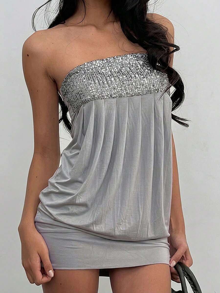 DOUCIU Women's Sexy Ruched Knitted High Neck Bodycon Short Dress, Long Sleeve Mini For Evening And Party Wear - Grey - View 1